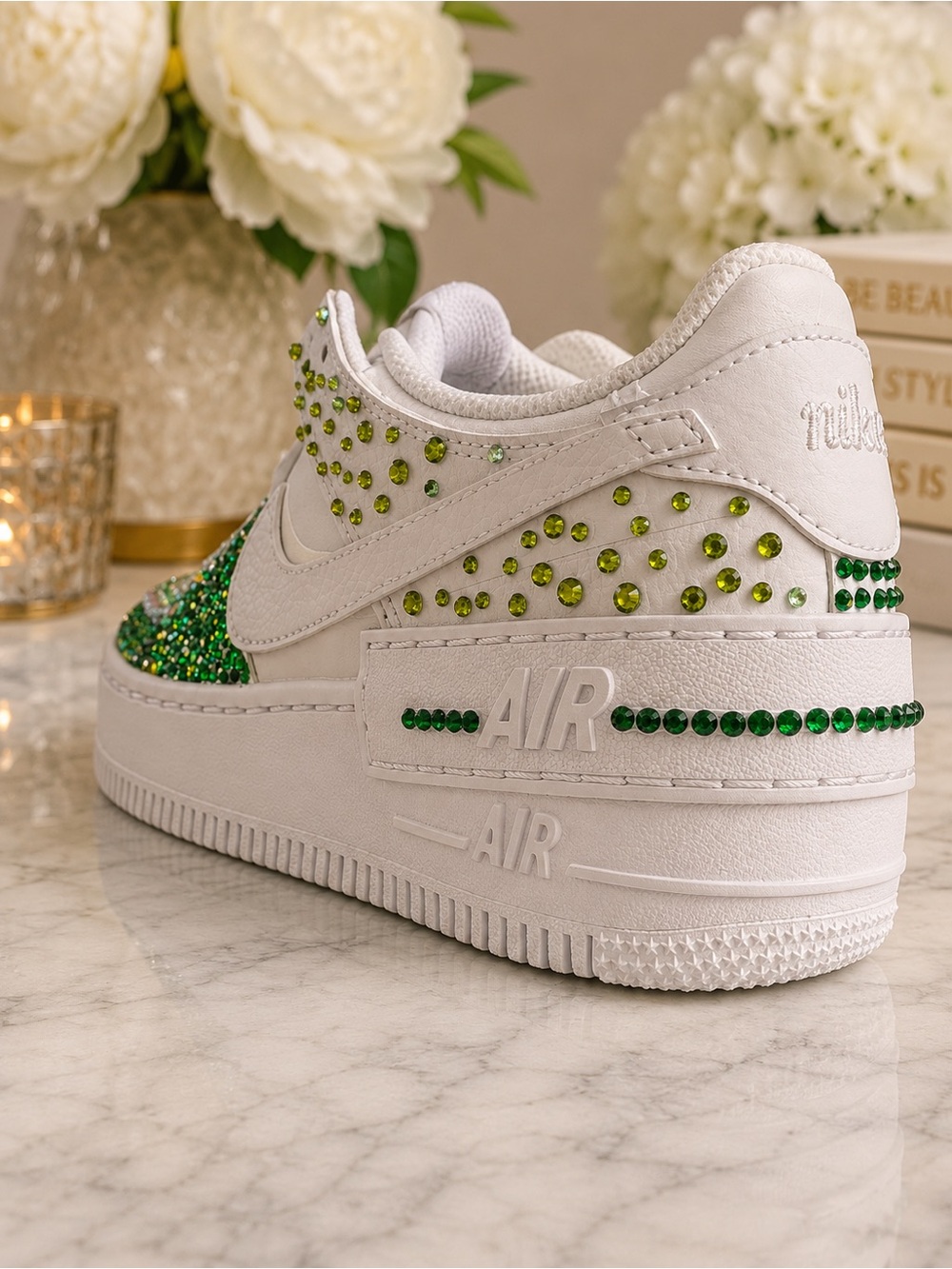 Custom Nike Air Force 1 Green Crystal Rhinestone Sneakers Women’s 8.5 - Picture 4 of 7